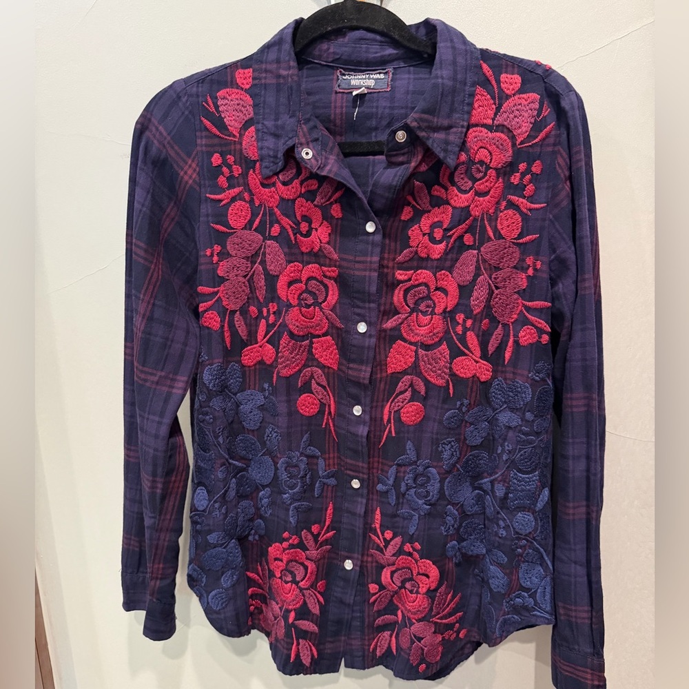 Johnny Was Navy Plaid Shirt with Pink Floral Embroidery